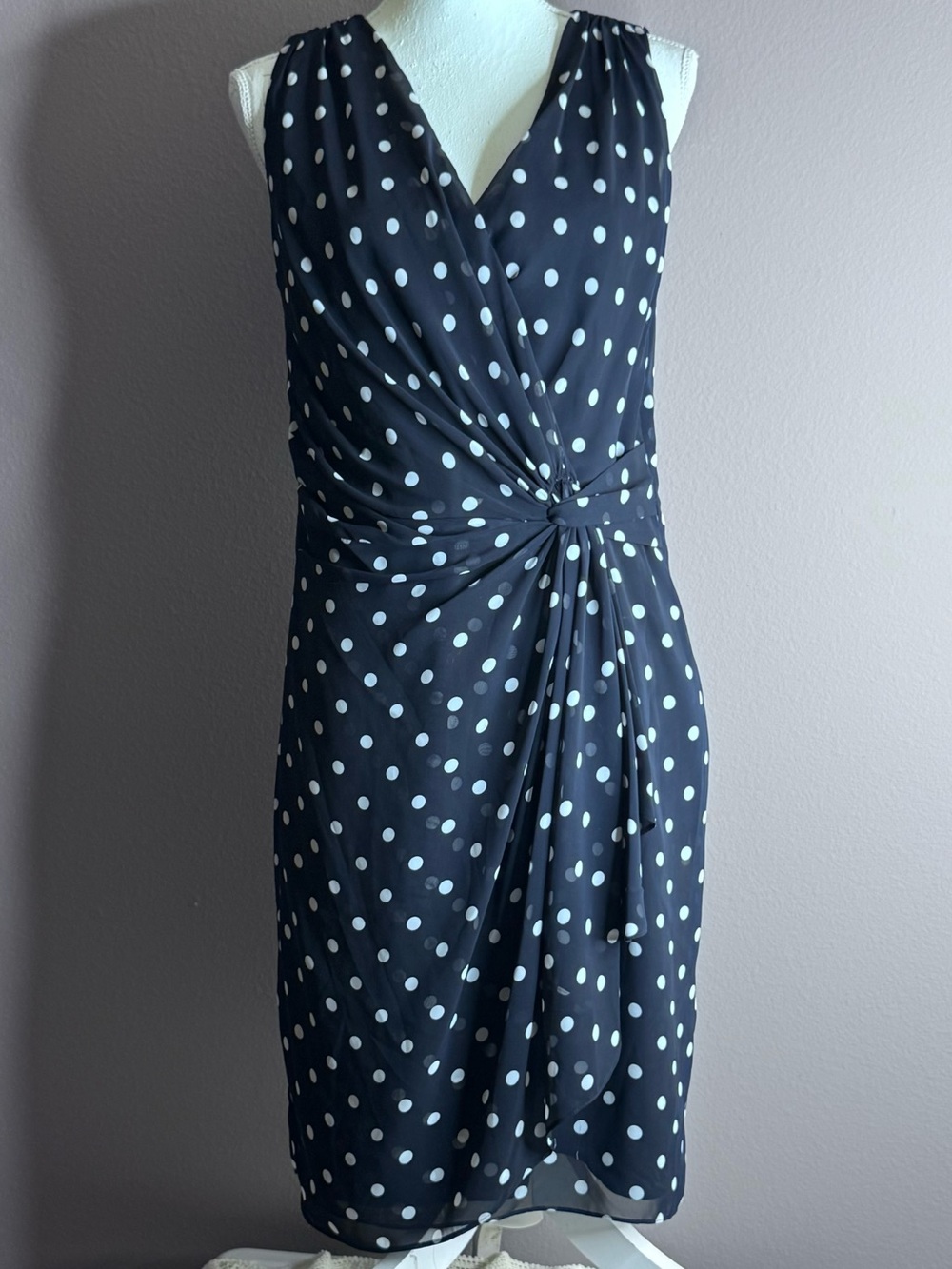 Lauren Navy White Polka Dot Wrap Dress - Classic Sleeveless Sheath Sz 12